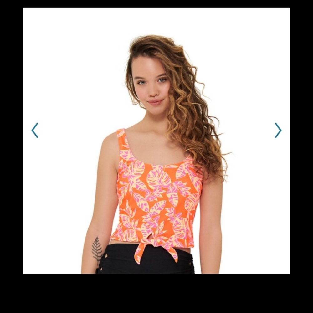 TRENDY TANKINI / YOGA TOP SIZE 1X FRONT TIE CROP TOP, MULTI PINK/ORANGE FLORAL
